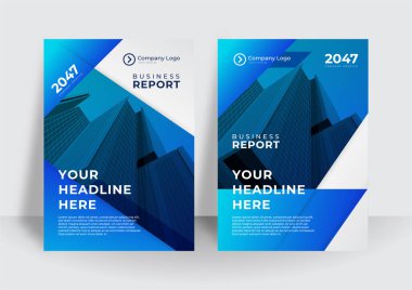 Mavi kapaklı iş broşürü vektör tasarımı. Reklam broşürleri soyut arka plan. Modern poster dergisi şablonu