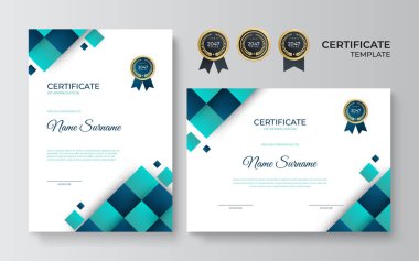 Sertifika şablonunu mavi yeşil geometrik dinamik ve gelecekçi çokgen renk ve modern arkaplan ile ayarla. Profesyonel tarzda mavi sertifika tasarımı.