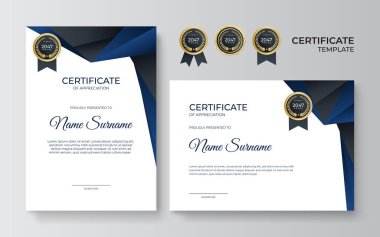Takdir şablonu için birinci sınıf altın ve mavi sertifika, altın rozetli temiz modern tasarım