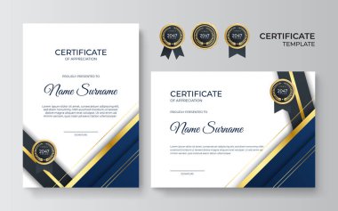 Takdir şablonu için birinci sınıf altın ve mavi sertifika, altın rozetli temiz modern tasarım