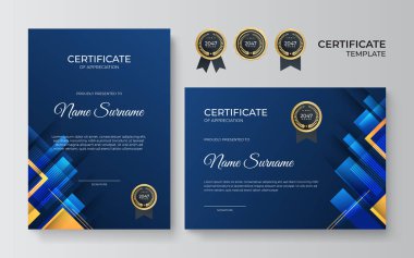 Takdir şablonu için birinci sınıf altın ve mavi sertifika, altın rozetli temiz modern tasarım