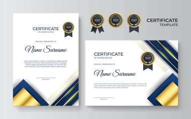 Takdir şablonu için birinci sınıf altın ve mavi sertifika, altın rozetli temiz modern tasarım