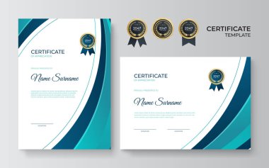 Sertifika şablonunu mavi yeşil geometrik dinamik ve gelecekçi çokgen renk ve modern arkaplan ile ayarla. Profesyonel tarzda mavi sertifika tasarımı.
