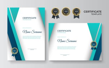 Takdir belgesi, yeşil ve mavi renk. Altın rozetli temiz modern sertifika. Lüks ve modern sınır şablonu sertifikası. Diploma vektör şablonu