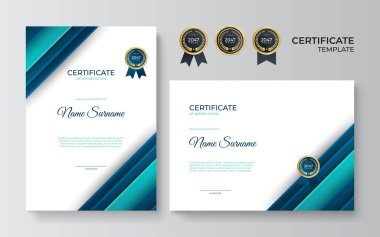 Takdir belgesi, yeşil ve mavi renk. Altın rozetli temiz modern sertifika. Lüks ve modern sınır şablonu sertifikası. Diploma vektör şablonu