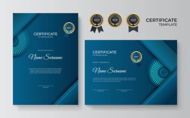 Sertifika şablonunu mavi yeşil geometrik dinamik ve gelecekçi çokgen renk ve modern arkaplan ile ayarla. Profesyonel tarzda mavi sertifika tasarımı.
