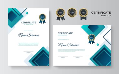 Sertifika şablonunu mavi yeşil geometrik dinamik ve gelecekçi çokgen renk ve modern arkaplan ile ayarla. Profesyonel tarzda mavi sertifika tasarımı.