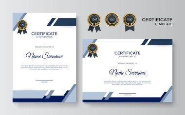 Takdir belgesi, altın ve mavi renk. Altın rozetli temiz modern sertifika. Lüks ve modern sınır şablonu sertifikası. Diploma vektör şablonu