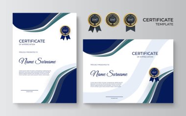 Takdir belgesi, altın ve mavi renk. Altın rozetli temiz modern sertifika. Lüks ve modern sınır şablonu sertifikası. Diploma vektör şablonu