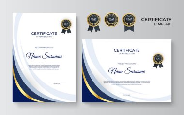 Takdir belgesi, altın ve mavi renk. Altın rozetli temiz modern sertifika. Lüks ve modern sınır şablonu sertifikası. Diploma vektör şablonu