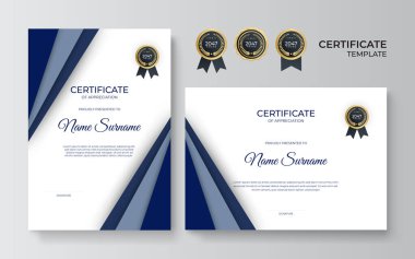 Takdir belgesi, altın ve mavi renk. Altın rozetli temiz modern sertifika. Lüks ve modern sınır şablonu sertifikası. Diploma vektör şablonu