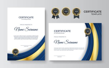 Takdir şablonu için birinci sınıf altın ve mavi sertifika, altın rozetli temiz modern tasarım