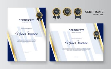 Takdir sertifikası şablonu, altın ve siyah renk. Altın rozetli temiz modern sertifika. Lüks ve modern sınır şablonu sertifikası. Diploma vektör şablonu