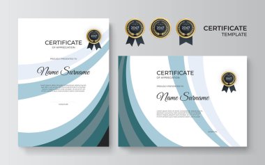 Takdir sertifikası şablonu, altın ve yeşil renk. Altın rozetli temiz modern sertifika. Lüks ve modern sınır şablonu sertifikası. Diploma vektör şablonu