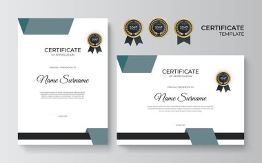 Takdir sertifikası şablonu, altın ve yeşil renk. Altın rozetli temiz modern sertifika. Lüks ve modern sınır şablonu sertifikası. Diploma vektör şablonu