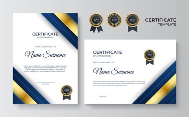 Takdir şablonu için birinci sınıf altın ve mavi sertifika, altın rozetli temiz modern tasarım