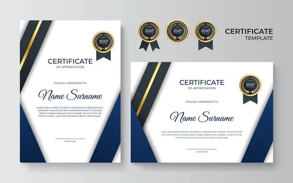 Premium Gold Blue Certificate Appreciation Template Clean Modern Design Gold — Stock Vector