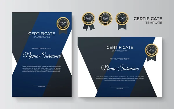 Certificado Ouro Azul Premium Modelo Apreciação Design Moderno Limpo Com — Vetor de Stock