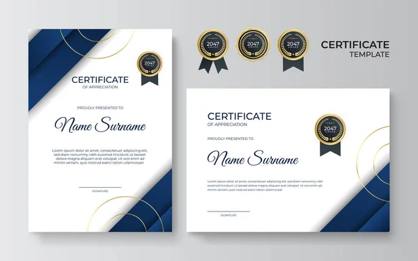 Modèle Certificat Appréciation Premium Bleu Design Moderne Épuré Avec Badge — Image vectorielle