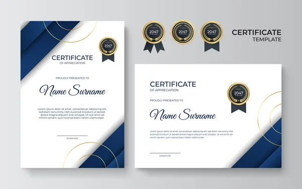 Modello Certificato Apprezzamento Premium Oro Blu Design Moderno Pulito Con — Vettoriale Stock