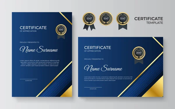 Certificado Ouro Azul Premium Modelo Apreciação Design Moderno Limpo Com — Vetor de Stock