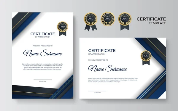 Modello Certificato Apprezzamento Premium Oro Blu Design Moderno Pulito Con — Vettoriale Stock