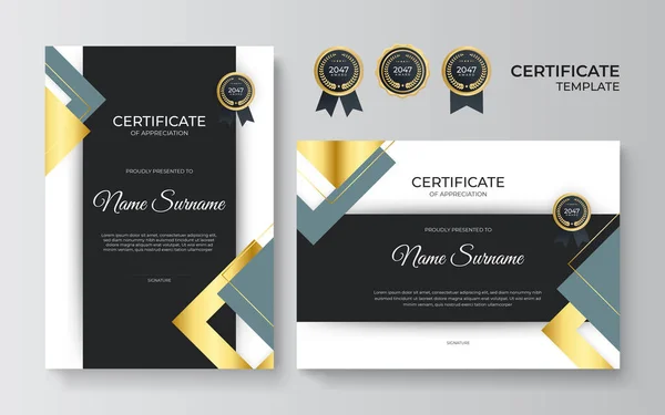 Modèle Certificat Appréciation Couleur Noir Certificat Moderne Propre Avec Badge — Image vectorielle