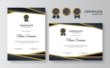Takdir sertifikası şablonu, altın ve siyah renk. Altın rozetli temiz modern sertifika. Lüks ve modern sınır şablonu sertifikası. Diploma vektör şablonu