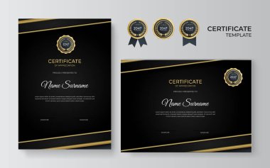 Takdir sertifikası şablonu, altın ve siyah renk. Altın rozetli temiz modern sertifika. Lüks ve modern sınır şablonu sertifikası. Diploma vektör şablonu
