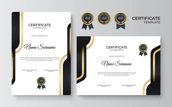 Plantilla Certificado Agradecimiento Oro Color Negro Certificado Moderno Limpio Con — Vector de stock