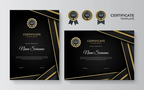 Plantilla Certificado Agradecimiento Oro Color Negro Certificado Moderno Limpio Con — Vector de stock