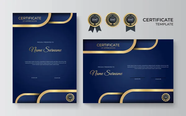 Elegante Modello Certificato Diploma Blu Oro — Vettoriale Stock