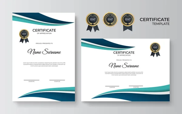 Elegante Plantilla Certificado Diploma Azul Verde Oro — Vector de stock