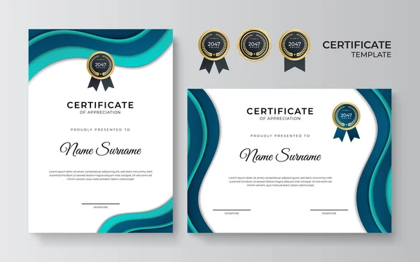 Certificaat Van Waardering Sjabloon Groene Blauwe Kleur Schoon Modern Certificaat — Stockvector