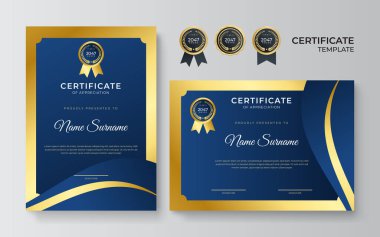 Lüks rozetli ve modern çizgi desenli modern mavi ve altın sertifikalı sınır şablonu. Diploma, iş ve eğitim ihtiyaçları için