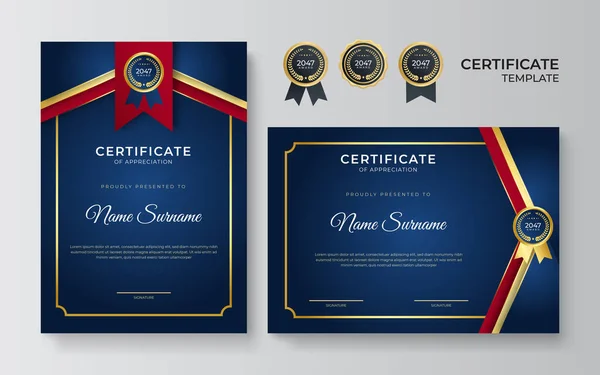 Современный Элегантный Синий Красный Сертификат Достижения Границы Шаблон Роскошным Значком — стоковый вектор