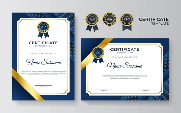 Modern Elegant Blue Gold Certificate Achievement Border Template Luxury Badge — Stock Vector