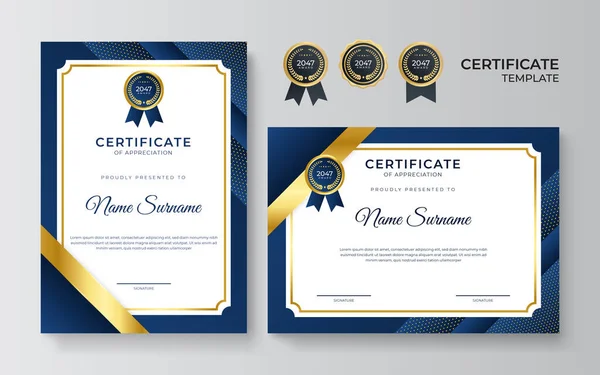 Lüks rozetli ve modern çizgi desenli modern mavi ve altın sertifikalı sınır şablonu. Diploma, iş ve eğitim ihtiyaçları için