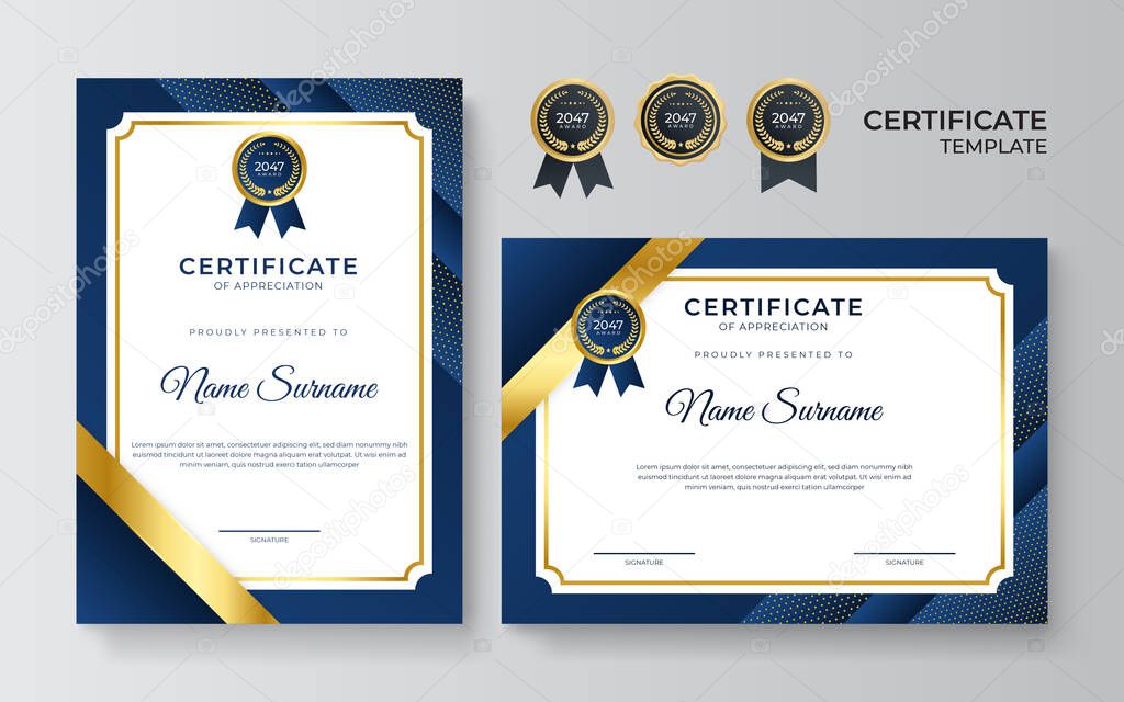 Modern elegant blue and gold certificate of achievement border template with luxury badge and modern line pattern. For diploma award, business, and education needs