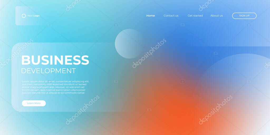 Landing page light blue and orange banner template. Abstract background 3d illustration, business technology interface concept. Vector layout design.