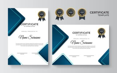 Modern temiz Dan basit mavi sertifika şablonu beyaz arka planda. Altın rozetli ve sınır çizgili başarı belgesi