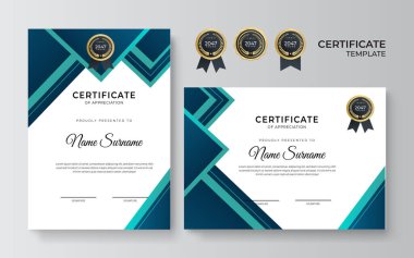 Modern temiz Dan basit mavi sertifika şablonu beyaz arka planda. Altın rozetli ve sınır çizgili başarı belgesi