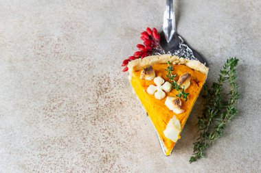 Balkabağı turtası ya da beyaz peynir ve kekikli turta manzarası. Sonbahar sezonu konsepti. Sıcacık sonbahar yemekleri.