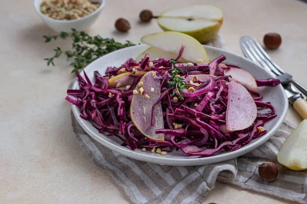 Red Cabbage Pear Hazelnut Salad Lemon Olive Oil Sauce Light — Stock Photo, Image
