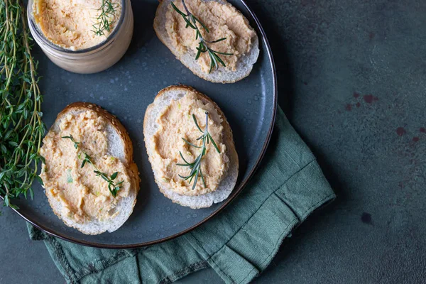 Sandwiches Smoked Salmon Soft Cream Cheese Pate Mousse Thyme Rosemary — Stock Photo, Image