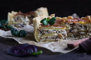 Ev yapımı tavuk, mantar ve patates turtası veya kiş, koyu kırsal beton arka plan. Fransız mutfağı. Seçici odak.