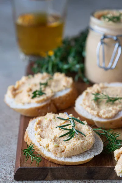 Homemade Pate Spread Mousse Glass Jar Sliced Bread Herbs Light — Stock Photo, Image