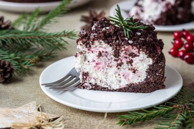 Kirazlı ve kremalı ev yapımı çikolatalı pasta. Mink Köstebeği ya da Köstebek Pastası. Seçici odak.