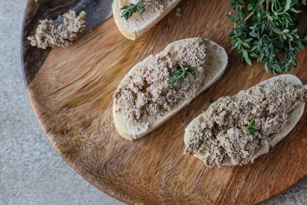 Ciabatta Chicken Turkey Liver Pate Thyme Concrete Background Selective Focus — Stock Photo, Image