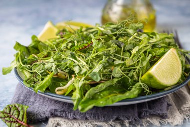 Vejetaryen salata salatası salata yaprakları ve yeşil limonlu bir tabak, mavi beton arka plan. Seçici odak.